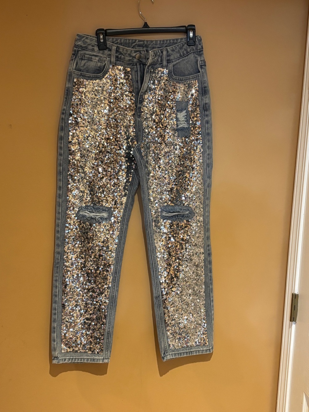 Sequin-Front Gray Straight-Leg Women's Jeans